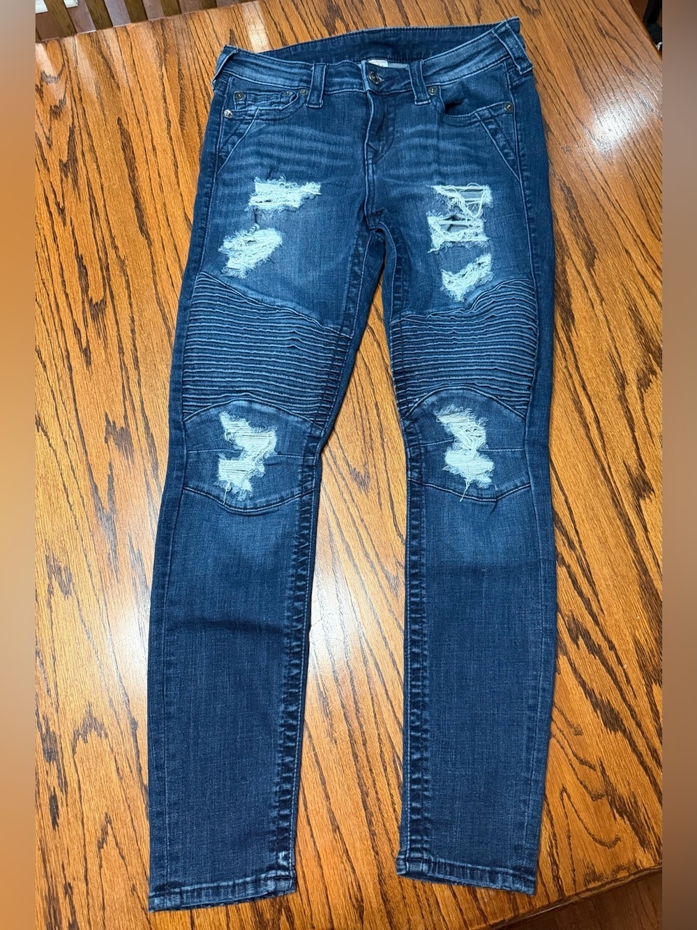 True Religion Dark Wash Halle Distressed Women’s Moto Skinny Jeans 30
